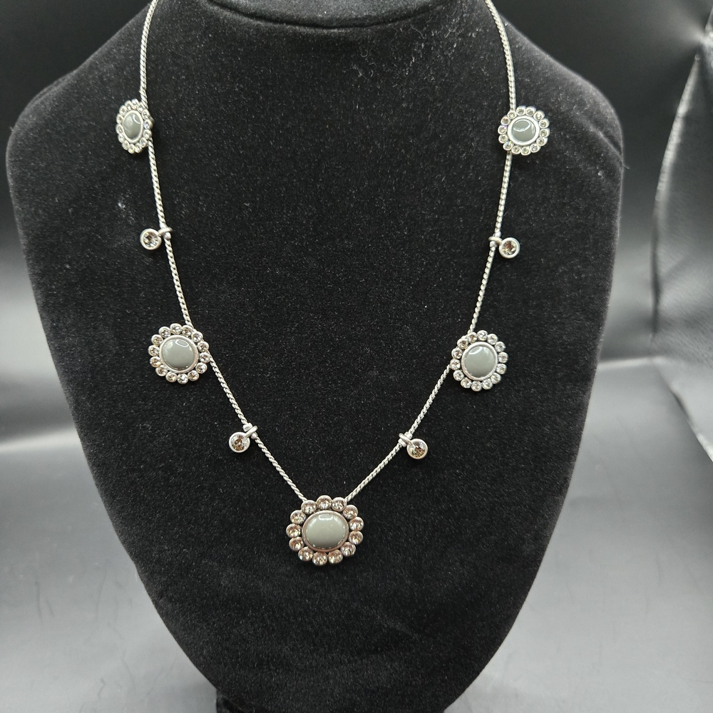 Pilgrim Denmark Silver-Tone Necklace | Grey Cabochon & Crystal Floral Links